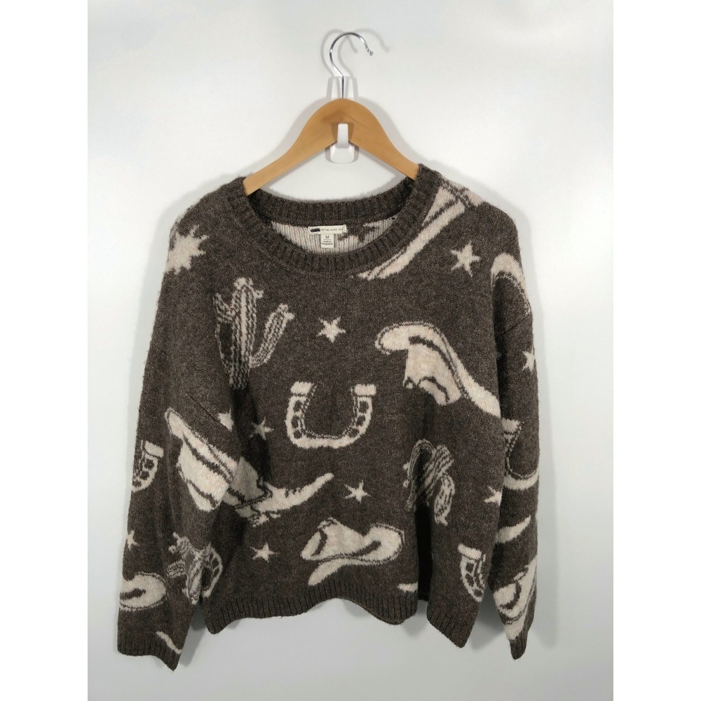 Cato Womens Crew Neck Sweater M Brown Cowboy Western Equestrian Celestial Stars